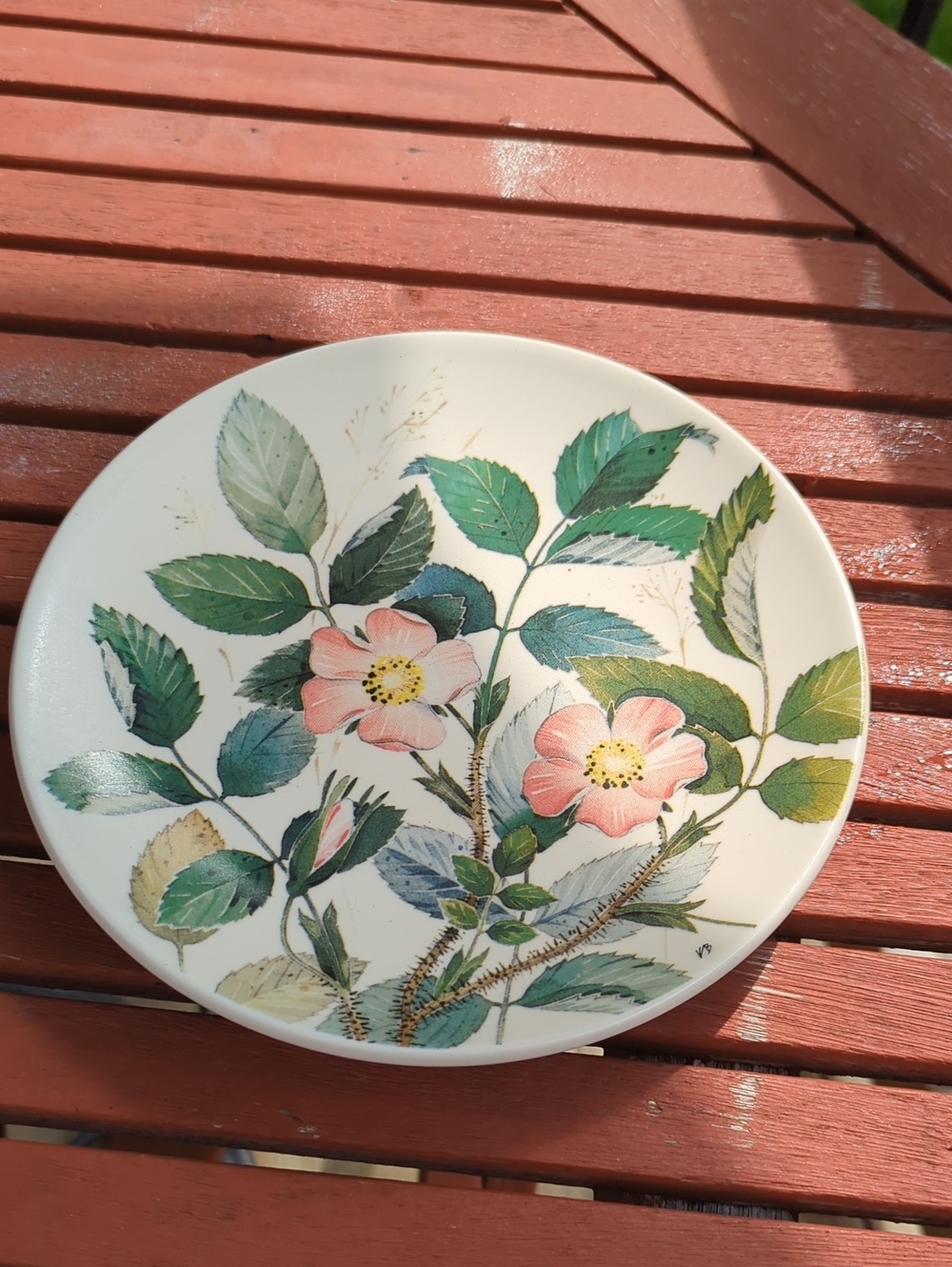 Floral Ceramic Plate with Pink Wild Rose Design